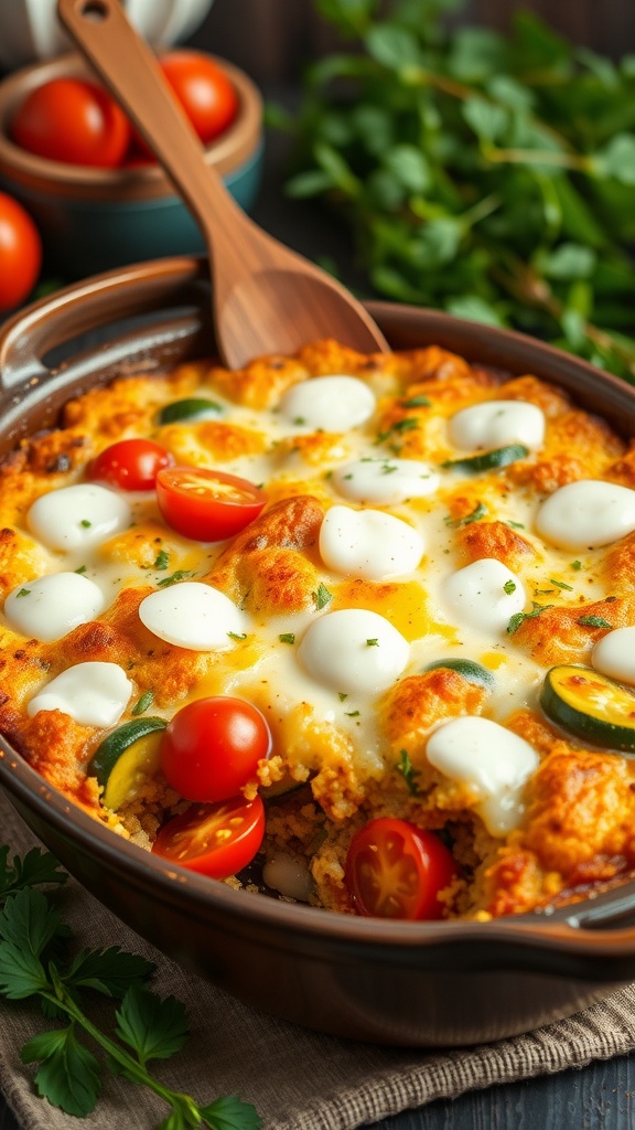 A wholesome quinoa veggie bake with colorful vegetables and melted cheese in a rustic dish, set in a warm kitchen.